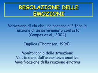 REGOLAZIONE DELLE
          EMOZIONI

Variazione di ciò che una persona può fare in
    funzione di un determinato contesto
           (Campos et al., 2004)

         Implica (Thompson, 1994):

      Monitoraggio della situazione
   Valutazione dell’esperienza emotiva
   Modificazione della reazione emotiva
 
