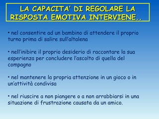 LA CAPACITA’ DI REGOLARE LA
 RISPOSTA EMOTIVA INTERVIENE..

• nel consentire ad un bambino di attendere il proprio
turno prima di salire sull’altalena

• nell’inibire il proprio desiderio di raccontare la sua
esperienza per concludere l’ascolto di quella del
compagno

• nel mantenere la propria attenzione in un gioco o in
un’attività condivisa

• nel riuscire a non piangere o a non arrabbiarsi in una
situazione di frustrazione causata da un amico.
 