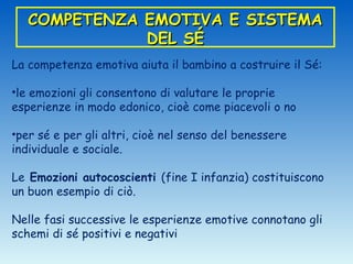 COMPETENZA EMOTIVA E SISTEMA
              DEL SÉ
La competenza emotiva aiuta il bambino a costruire il Sé:

•le emozioni gli consentono di valutare le proprie
esperienze in modo edonico, cioè come piacevoli o no

•per sé e per gli altri, cioè nel senso del benessere
individuale e sociale.

Le Emozioni autocoscienti (fine I infanzia) costituiscono
un buon esempio di ciò.

Nelle fasi successive le esperienze emotive connotano gli
schemi di sé positivi e negativi
 