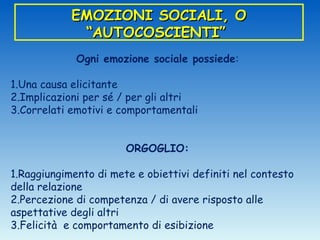 EMOZIONI SOCIALI, O
             “AUTOCOSCIENTI”
             Ogni emozione sociale possiede:

1.Una causa elicitante
2.Implicazioni per sé / per gli altri
3.Correlati emotivi e comportamentali


                       ORGOGLIO:

1.Raggiungimento di mete e obiettivi definiti nel contesto
della relazione
2.Percezione di competenza / di avere risposto alle
aspettative degli altri
3.Felicità e comportamento di esibizione
 