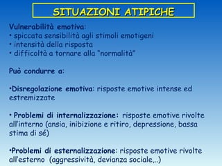 SITUAZIONI ATIPICHE
Vulnerabilità emotiva:
• spiccata sensibilità agli stimoli emotigeni
• intensità della risposta
• difficoltà a tornare alla “normalità”

Può condurre a:

•Disregolazione emotiva: risposte emotive intense ed
estremizzate

• Problemi di internalizzazione: risposte emotive rivolte
all’interno (ansia, inibizione e ritiro, depressione, bassa
stima di sé)

•Problemi di esternalizzazione: risposte emotive rivolte
all’esterno (aggressività, devianza sociale,..)
 