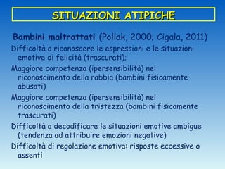SITUAZIONI ATIPICHE

Bambini maltrattati (Pollak, 2000; Cigala, 2011)
Difficoltà a riconoscere le espressioni e le situazioni
  emotive di felicità (trascurati);
Maggiore competenza (ipersensibilità) nel
  riconoscimento della rabbia (bambini fisicamente
  abusati)
Maggiore competenza (ipersensibilità) nel
  riconoscimento della tristezza (bambini fisicamente
  trascurati)
Difficoltà a decodificare le situazioni emotive ambigue
  (tendenza ad attribuire emozioni negative)
Difficoltà di regolazione emotiva: risposte eccessive o
  assenti
 
