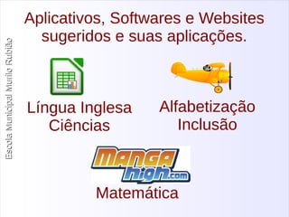 Escola Municipal MMuurriilloo RRuubbiiããoo 
Aplicativos, Softwares e Websites 
sugeridos e suas aplicações. 
Língua Inglesa 
Ciências 
Alfabetização 
Inclusão 
Matemática 
 