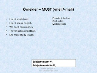 Örnekler – MUST (-meli/-malı)
Subject+must+ V1
Subject+mustn’t+ V1
President: başkan
Cool: sakin
Mistake: hata
HAKAN TOPUZOĞLU -
www.hakantopuzoglu.com.tr
 