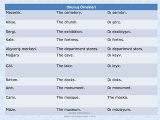 Okunuş Örnekleri
Mezarlık. The cemetery. Dı semıtıri.
Kilise. The church. Dı çörç.
Sergi. The exhibition. Dı eksibiyşın.
Kale. The fortress. Dı fortrıs.
Alışveriş merkezi. The department stores. Dı departmınt stors.
Mağara The cave. Dı keyv.
Göl. The lake. Dı leyk.
Rıhtım. The docks. Dı doks.
Anıt. The monument. Dı monumınt.
Cami. The mosque. The moskü.
Müze. The museum. Dı müzüyum.
HAKAN TOPUZOĞLU -
www.hakantopuzoglu.com.tr
 