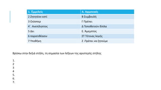 1. Eμμελείς Α. Αρμονικές
2 Ζητητέον εστί Β Συμβουλή
3 Οιόσπερ Γ Πρέπει
4΄. Ανεπίληπτος Δ Τοποθετούν δίπλα
5 Δει Ε. Άμεμπτος
6 παρατιθέασιν ΣΤ Τέτοιας λογής
7 Υποθήκη Ζ .Πρέπει να ζητούμε
Βρίσκω στην δεξιά στήλη, τη σημασία των λέξεων της αριστερής στήλης
1.
2
3
4
5.
6.
7.
 