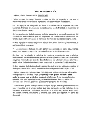 REGLAS DE OPERACIÓN
1.- Hora y fecha de realización: PENDIENTE
2.- Los equipos de trabajo deberán nombrar un líder de proyecto, el cual será el
interlocutor entre el equipo que representa y la coordinación de asesores.
4.- Los equipos se integrarán en áreas funcionales de la empresa: recursos
humanos, finanzas, producción y mercadotecnia, con la finalidad de maximizar el
tiempo efectivo de trabajo.
5.- Los equipos de trabajo pueden solicitar asesoría al personal académico del
ITSMascota, la cual está sujeta a 5 preguntas, las cuales estarán delimitadas por
tarjetas que serán entregadas al momento del inicio de la práctica integral piloto.
6.- Los equipos de trabajo se pueden apoyar en fuentes consulta y electrónicas, si
así lo considera necesario.
7.- Los equipos de trabajo deberán portar una camiseta de color azul, blanco,
negro, rojo según corresponda, para identificarse dentro de su empresa.
8.- Una vez terminada la práctica los equipos presentarán sus productos,
nombrando a dos representantes que venderán el producto e idea, en un lapso no
mayor de 15 minutos sin exceder de este tiempo, por tal motivo ningún alumno se
podrá retirar de las instalaciones hasta no concluir la presentación delos equipo.
9.- Los equipos de trabajo deberán recoger los instrumentos utilizados, realizar el
aseo y reordenar el mobiliario una vez finalizada la presentación de productos.
10.- Los integrantes de los equipos de trabajo que realicen en tiempo y forma los
entregables de la práctica 10 pts. porparticipación que se aplican a cada
materia en una sola unidad no evaluada a la fecha y 5 pts. extras al equipo
ganador, que será aquel que entregue las evidencias en tiempo y forma de
acuerdo a las rúbricas. (Se tiene que reportar por parte del docente)
11.- El alumno que no participe dentro de algún equipo de trabajo será sancionado
con 10 puntos en la unidad actual que este cursando en las materias de su
semestre, además de condicionar su asistencia a prácticas y visitas a empresas
del sector primario, secundario y terciario. (Se tiene que reportar por parte del
docente)

 