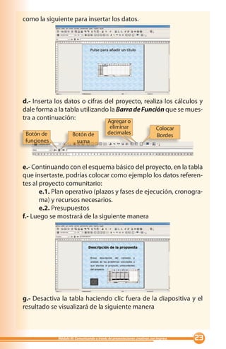 como la siguiente para insertar los datos.




d.- Inserta los datos o cifras del proyecto, realiza los cálculos y
dale forma a la tabla utilizando la Barra de Función que se mues-
tra a continuación:             Agregar o
                                              eliminar                       Colocar
 Botón de             Botón de               decimales                       Bordes
 funciones             suma



e.- Continuando con el esquema básico del proyecto, en la tabla
que insertaste, podrías colocar como ejemplo los datos referen-
tes al proyecto comunitario:
       e.1. Plan operativo (plazos y fases de ejecución, cronogra-
       ma) y recursos necesarios.
       e.2. Presupuestos
f.- Luego se mostrará de la siguiente manera




g.- Desactiva la tabla haciendo clic fuera de la diapositiva y el
resultado se visualizará de la siguiente manera



             Módulo III: Comunicando a través de presentaciones creativas con Impress   
 