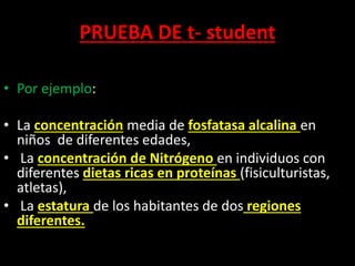 PRUEBA DE t- student
• Por ejemplo:
• La concentración media de fosfatasa alcalina en
niños de diferentes edades,
• La concentración de Nitrógeno en individuos con
diferentes dietas ricas en proteínas (fisiculturistas,
atletas),
• La estatura de los habitantes de dos regiones
diferentes.
 