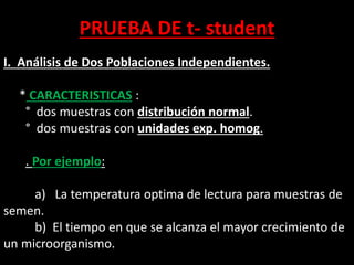 PRUEBA DE t- student
I. Análisis de Dos Poblaciones Independientes.
* CARACTERISTICAS :
° dos muestras con distribución normal.
° dos muestras con unidades exp. homog.
. Por ejemplo:
a) La temperatura optima de lectura para muestras de
semen.
b) El tiempo en que se alcanza el mayor crecimiento de
un microorganismo.
 