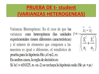 PRUEBA DE t- student
(VARIANZAS HETEROGENEAS)
 