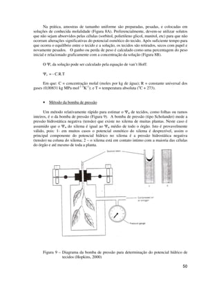 Na prática, amostras de tamanho uniforme são preparadas, pesadas, e colocadas em 
soluções de conhecida molalidade (Figura 8A). Preferencialmente, devem-se utilizar solutos 
que não sejam absorvidos pelas células (sorbitol, polietileno glicol, manitol, etc) para que não 
ocorram alterações significativas do potencial osmótico do tecido. Após suficiente tempo para 
que ocorra o equilíbrio entre o tecido e a solução, os tecidos são retirados, secos com papel e 
novamente pesados. O ganho ou perda de peso é calculado como uma percentagem do peso 
inicial e relacionado graficamente com a concentração da solução (Figura 8B). 
50 
O Ys da solução pode ser calculado pela equação de van’t Hoff: 
Ys = - C.R.T 
Em que: C = concentração molal (moles por kg de água); R = constante universal dos 
gases (0,00831 kg MPa mol-1 oK-1); e T = temperatura absoluta (oC + 273). 
• Método da bomba de pressão 
Um método relativamente rápido para estimar o Yw de tecidos, como folhas ou ramos 
inteiros, é o da bomba de pressão (Figura 9). A bomba de pressão (tipo Scholander) mede a 
pressão hidrostática negativa (tensão) que existe no xilema de muitas plantas. Neste caso é 
assumido que o Yw do xilema é igual ao Yw médio de todo o órgão. Isto é provavelmente 
válido, pois: 1- em muitos casos o potencial osmótico do xilema é desprezível, assim o 
principal componente do potencial hídrico no xilema é a pressão hidrostática negativa 
(tensão) na coluna do xilema; 2 – o xilema está em contato intimo com a maioria das células 
do órgão e até mesmo de toda a planta. 
Figura 9 – Diagrama da bomba de pressão para determinação do potencial hídrico de 
tecidos (Hopkins, 2000) 
 