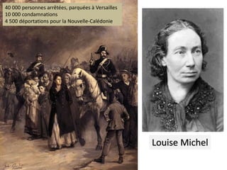 Louise Michel
40 000 personnes arrêtées, parquées à Versailles
10 000 condamnations
4 500 déportations pour la Nouvelle-Calédonie
 