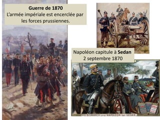 Guerre de 1870
L’armée impériale est encerclée par
les forces prussiennes.
Napoléon capitule à Sedan
2 septembre 1870
 