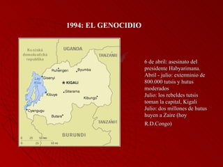 1994: EL GENOCIDIO



                     6 de abril: asesinato del
                     presidente Habyarimana.
                     Abril - julio: exterminio de
                     800.000 tutsis y hutus
                     moderados
                     Julio: los rebeldes tutsis
                     toman la capital, Kigali
                     Julio: dos millones de hutus
                     huyen a Zaire (hoy
                     R.D.Congo)
 
