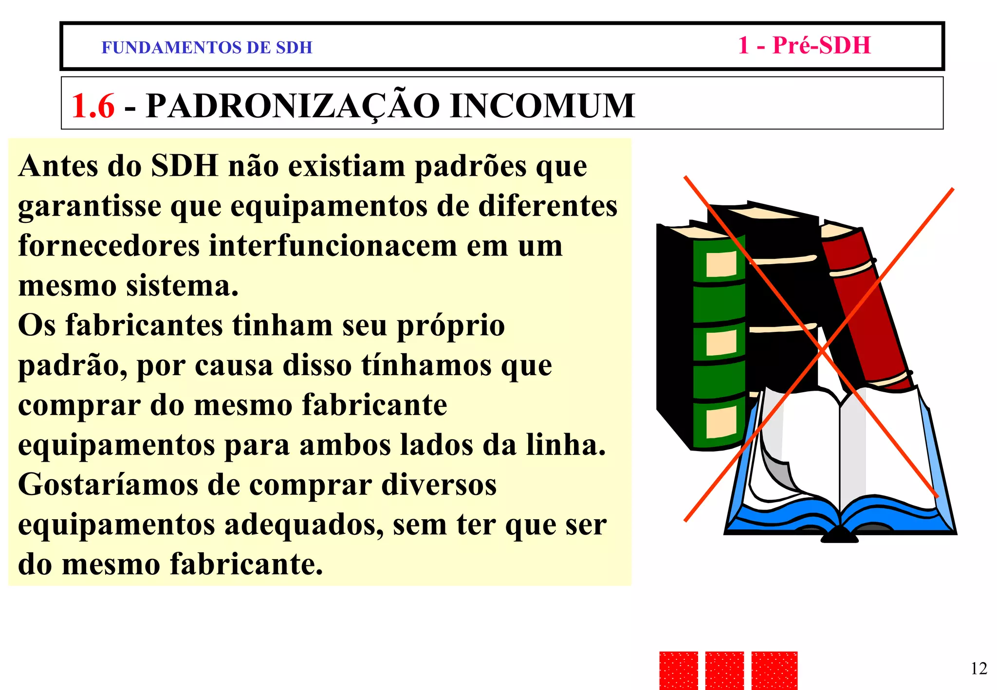 Antes do SDH não existiam padrões que garantisse que equipamentos de diferentes fornecedores interfuncionacem em um mesmo sistema. Os fabricantes tinham seu próprio padrão, por causa disso tínhamos que comprar do mesmo fabricante equipamentos para ambos lados da linha. Gostaríamos de comprar diversos equipamentos adequados, sem ter que ser do mesmo fabricante. 1.6  - PADRONIZAÇÃO INCOMUM FUNDAMENTOS DE SDH 1 - Pré-SDH 