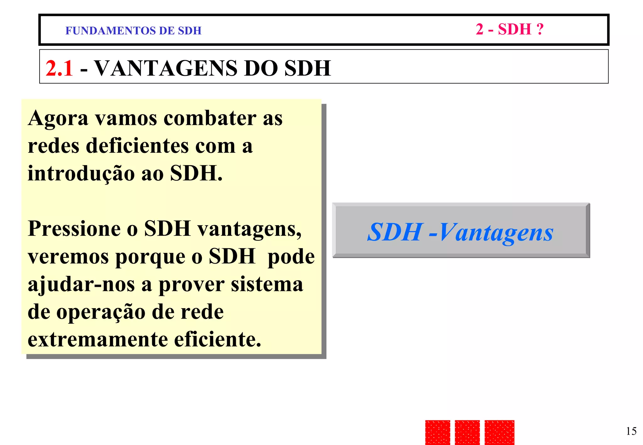 2.1  - VANTAGENS DO SDH FUNDAMENTOS DE SDH 2 - SDH ? Agora vamos combater as redes deficientes com a introdução ao SDH. Pressione o SDH vantagens, veremos porque o SDH  pode ajudar-nos a prover sistema de operação de rede extremamente eficiente. SDH -Vantagens 