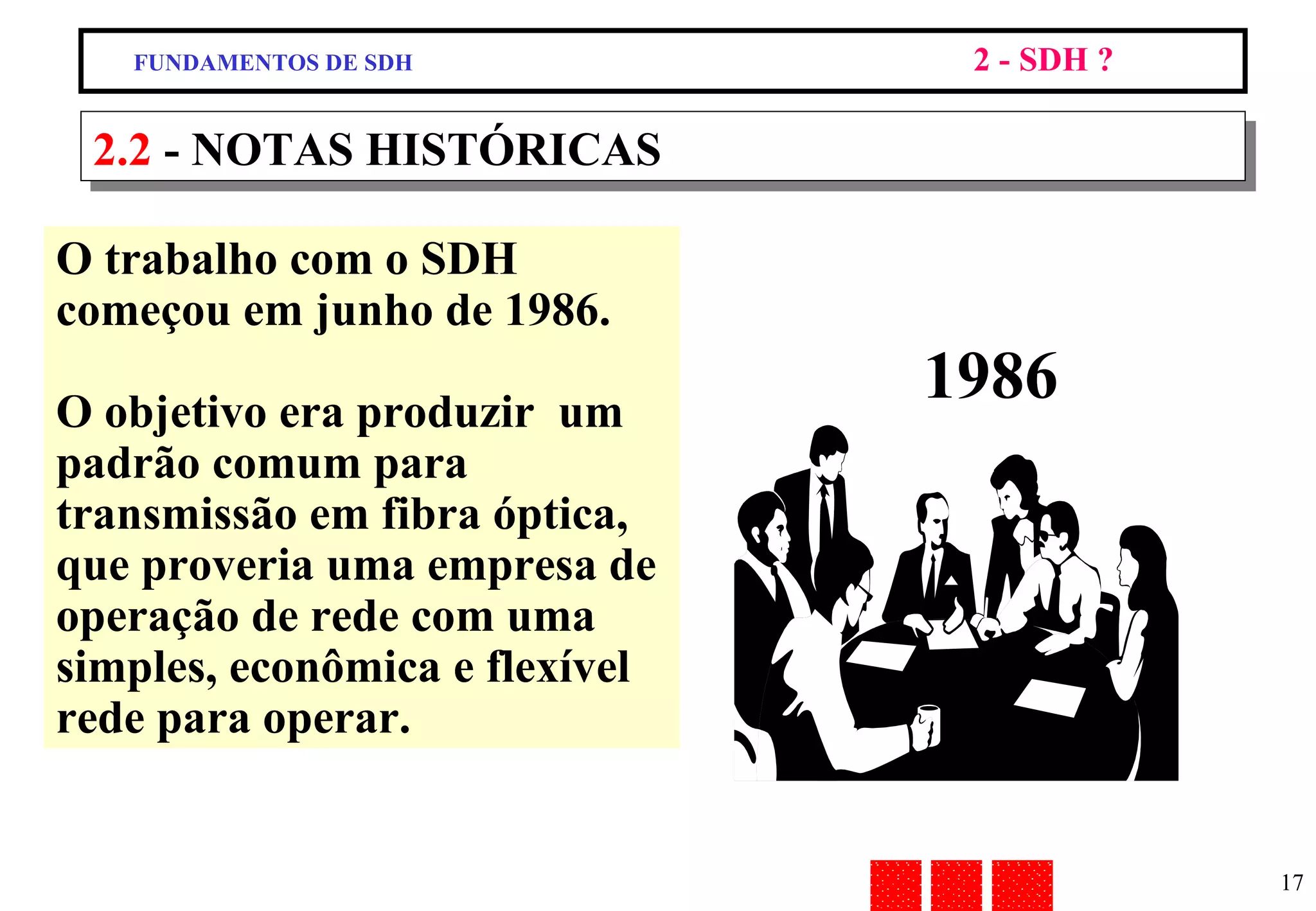 O trabalho com o SDH começou em junho de 1986. O objetivo era produzir  um padrão comum para transmissão em fibra óptica, que proveria uma empresa de operação de rede com uma simples, econômica e flexível rede para operar. 2.2  - NOTAS HISTÓRICAS 1986 FUNDAMENTOS DE SDH 2 - SDH ? 