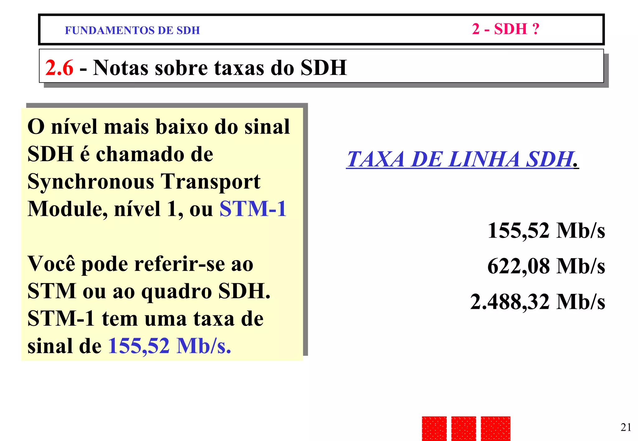 2.6  - Notas sobre taxas do SDH O nível mais baixo do sinal SDH é chamado de Synchronous Transport Module, nível 1, ou  STM-1 Você pode referir-se ao STM ou ao quadro SDH. STM-1 tem uma taxa de  sinal de  155,52 Mb/s. TAXA DE LINHA SDH . 155,52 Mb/s 622,08 Mb/s 2.488,32 Mb/s FUNDAMENTOS DE SDH 2 - SDH ? 