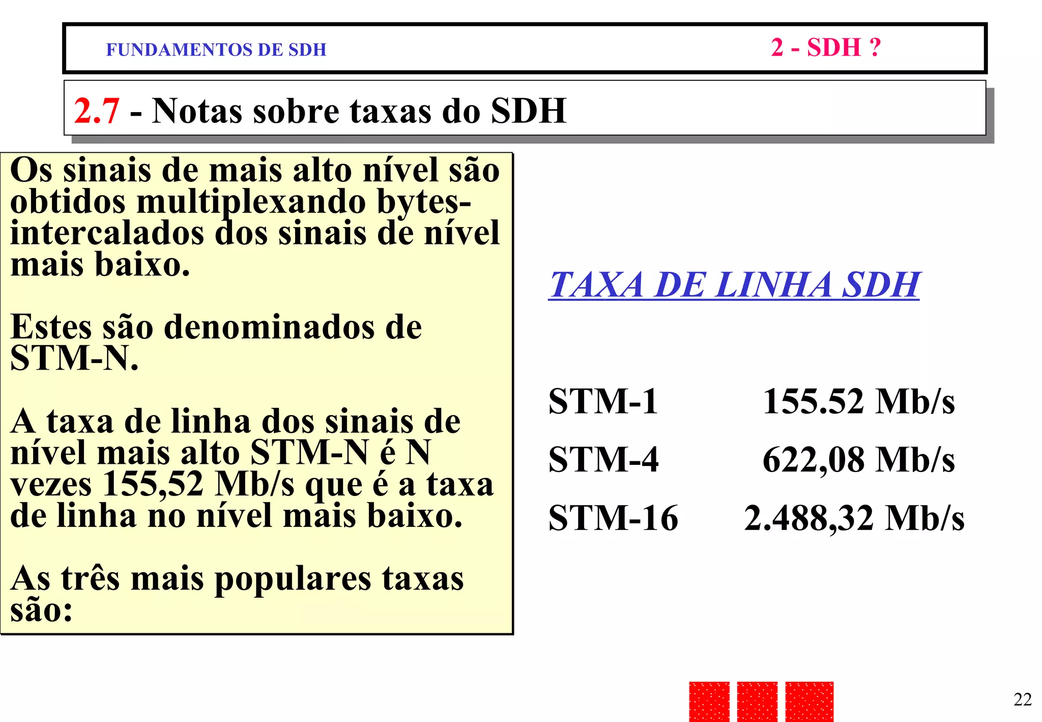2.7  - Notas sobre taxas do SDH Os sinais de mais alto nível são obtidos multiplexando bytes- intercalados dos sinais de nível mais baixo. Estes são denominados de STM-N. A taxa de linha dos sinais de nível mais alto STM-N é N vezes 155,52 Mb/s que é a taxa de linha no nível mais baixo. As três mais populares taxas são: TAXA DE LINHA SDH STM-1  155.52 Mb/s STM-4  622,08 Mb/s STM-16  2.488,32 Mb/s FUNDAMENTOS DE SDH 2 - SDH ? 