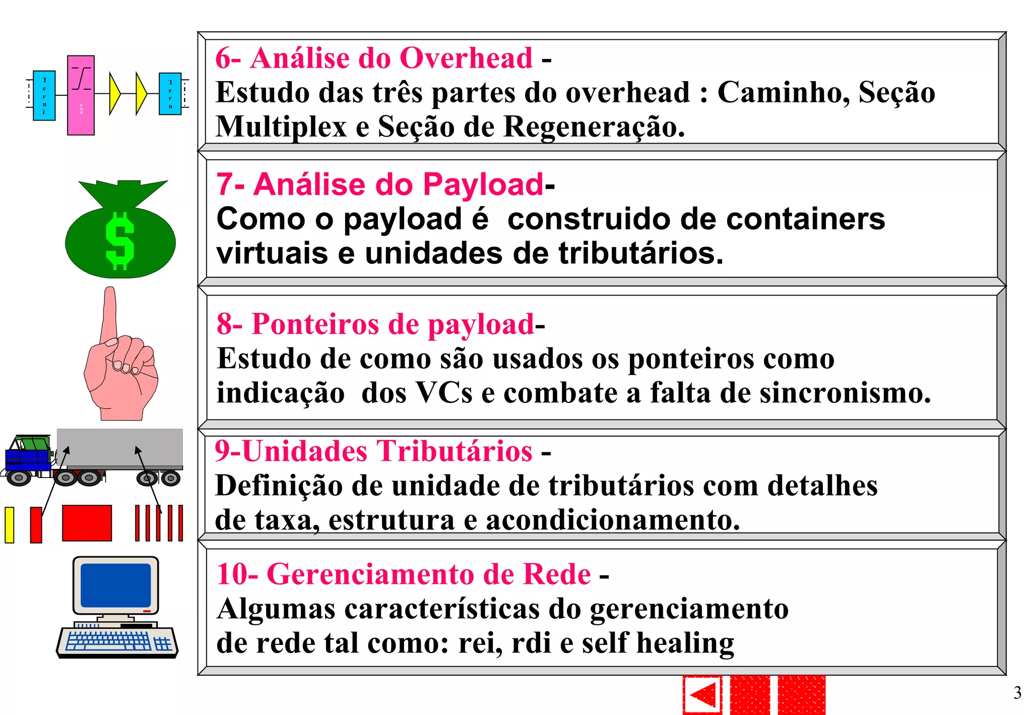 6- Análise do Overhead  -  Estudo das três partes do overhead : Caminho, Seção  Multiplex e Seção de Regeneração. 7- Análise do Payload -  Como o payload é  construido de containers  virtuais e unidades de tributários. 8- Ponteiros de payload -  Estudo de como são usados os ponteiros como  indicação  dos VCs e combate a falta de sincronismo. 9-Unidades Tributários  -  Definição de unidade de tributários com detalhes  de taxa, estrutura e acondicionamento. 10- Gerenciamento de Rede  -  Algumas características do gerenciamento  de rede tal como: rei, rdi e self healing Termi SDH Term 