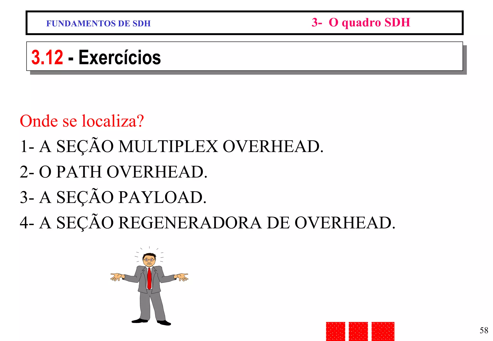 FUNDAMENTOS DE SDH 3-  O quadro SDH 3.12  - Exercícios Onde se localiza? 1- A SEÇÃO MULTIPLEX OVERHEAD. 2- O PATH OVERHEAD. 3- A SEÇÃO PAYLOAD. 4- A SEÇÃO REGENERADORA DE OVERHEAD. 