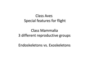 Class Aves
Special features for flight
Class Mammalia
3 different reproductive groups
Endoskeletons vs. Exoskeletons
 