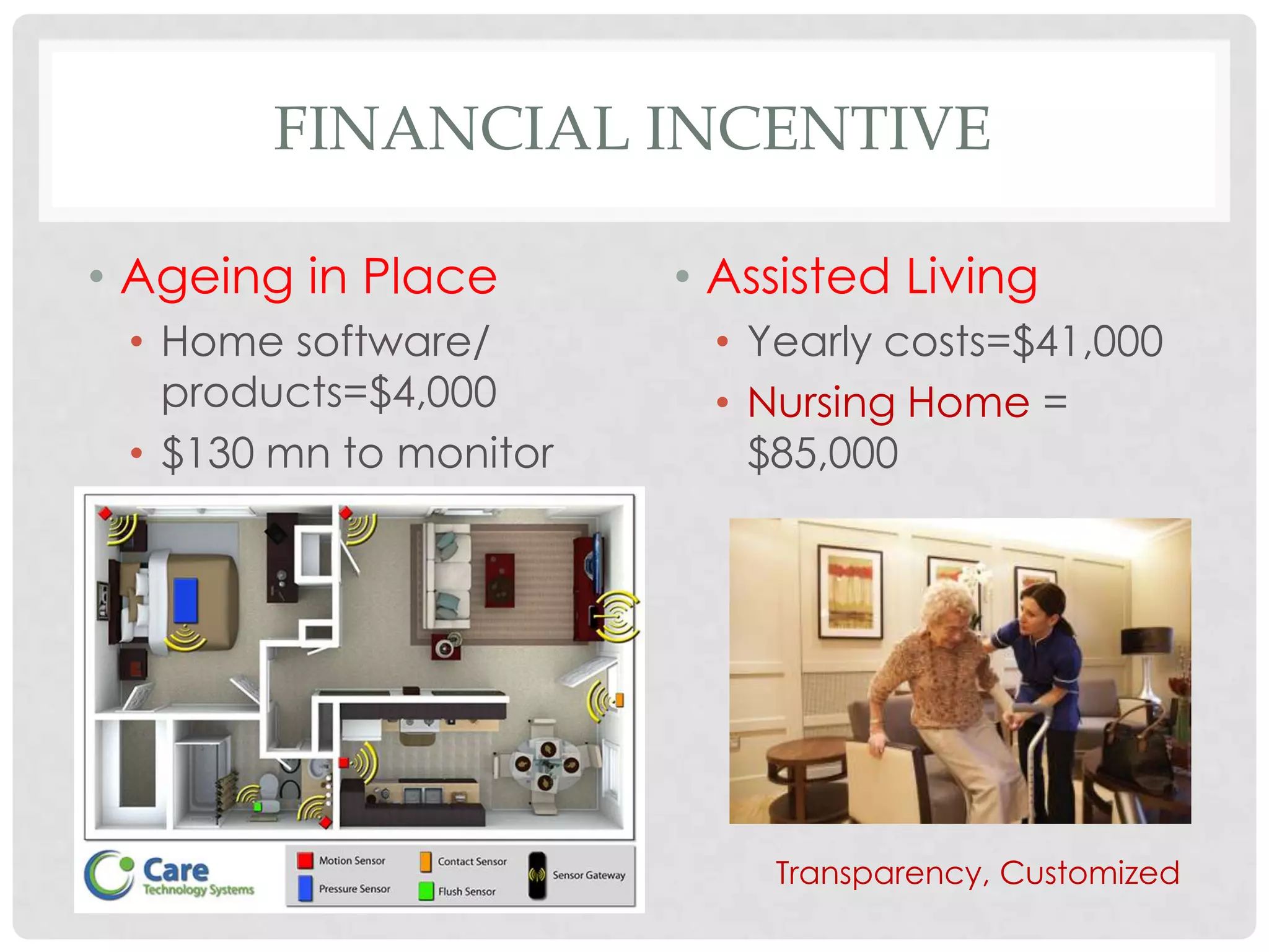 FINANCIAL INCENTIVE

• Ageing in Place       • Assisted Living
 • Home software/        • Yearly costs=$41,000
   products=$4,000       • Nursing Home =
 • $130 mn to monitor      $85,000




                            Transparency, Customized
 