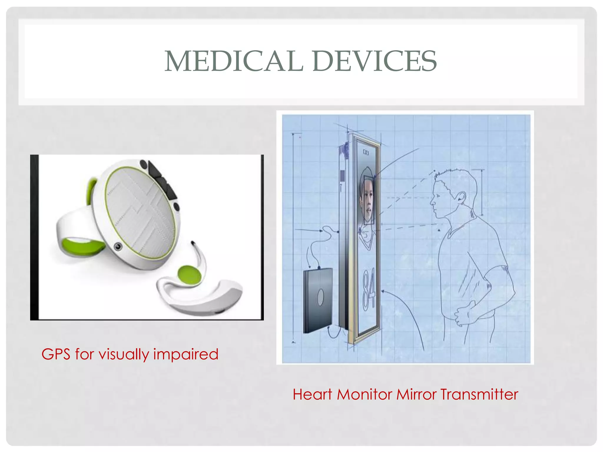 MEDICAL DEVICES




GPS for visually impaired

                            Heart Monitor Mirror Transmitter
 
