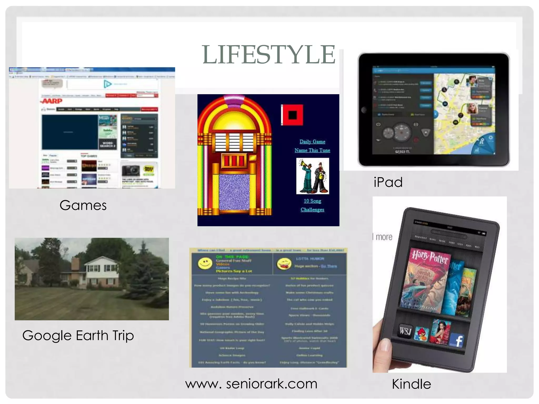 LIFESTYLE



                                         iPad
     Games




Google Earth Trip


                    www. seniorark.com     Kindle
 