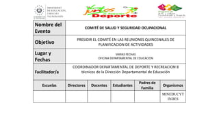 Nombre del
Evento
COMITÉ DE SALUD Y SEGURIDAD OCUPACIONAL
Objetivo
PRESIDIR EL COMITÉ EN LAS REUNIONES QUINCENALES DE
PLANIFICACION DE ACTIVIDADES
Lugar y
Fechas
VARIAS FECHAS
OFICINA DEPARTAMENTAL DE EDUCACION
Facilitador/a
COORDINADOR DEPARTAMENTAL DE DEPORTE Y RECREACION 8
técnicos de la Dirección Departamental de Educación
Escuelas Directores Docentes Estudiantes
Padres de
Familia
Organismos
MINEDUCYT
INDES
 