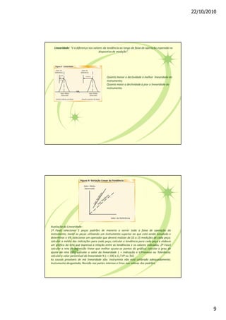 22/10/2010
9
Linearidade: "é a diferença nos valores da tendência ao longo da faixa de operação esperada no
dispositivo de medição".
Quanto menor a declividade à melhor linearidade do
instrumento;
Quanto maior a declividade à pior a linearidade do
instrumento.
Avaliação da Linearidade:
1ª Fase) selecionar 5 peças padrões de maneira a varrer toda a faixa de operação do
instrumento; medir as peças utilizando um instrumento superior ao que está sendo estudado e
determinar o VR; selecionar um operador que deverá realizar de 10 a 15 medições de cada peça;
calcular a média das indicações para cada peça; calcular a tendência para cada peça e elabora
um gráfico da reta que expressa a relação entre as tendências x os valores indicados. 2ª Fase)
calcular a reta de regressão linear que melhor ajusta os pontos do gráfico; calcular o grau de
ajuste da reta (R2); calcular o valor da linearidade L = Indicação x V.Processo ou Tolerância;
calcular o valor percentual da linearidade % L = 100 x (L / VP ou Tol).
As causas prováveis de má linearidade são: Instrumnto não está calibrado adequadamente;
Instrumento desgastado; Revisão nas partes internas e Erros nos valores dos padrões.
 