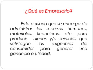 ¿Qué es Empresario? 
Es la persona que se encarga de 
administrar los recursos humanos, 
materiales, financieros, etc. para 
producir bienes y/o servicios que 
satisfagan las exigencias del 
consumidor para generar una 
ganancia o utilidad. 
 