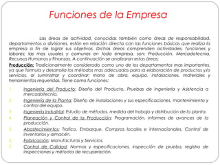 Funciones de la Empresa 
Las áreas de actividad, conocidas también como áreas de responsabilidad, 
departamentos o divisiones, están en relación directa con las funciones básicas que realiza la 
empresa a fin de lograr sus objetivos. Dichas áreas comprenden actividades, funciones y 
labores; las mas usuales y comunes en toda empresa, son: Producción, Mercadotecnia, 
Recursos Humanos y Finanzas. A continuación se analizaran estas áreas: 
Producción: Tradicionalmente considerado como uno de los departamentos mas importantes, 
ya que formula y desarrolla los métodos mas adecuados para la elaboración de productos y/o 
servicios, al suministrar y coordinar: mano de obra, equipo, instalaciones, materiales y 
herramientas requeridas. Tiene como funciones: 
1. Ingeniería del Producto: Diseño del Producto, Pruebas de Ingeniería y Asistencia a 
mercadotecnia. 
2. Ingeniería de la Planta: Diseño de instalaciones y sus especificaciones, mantenimiento y 
control del equipo. 
3. Ingeniería Industrial: Estudio de métodos, medida del trabajo y distribución de la planta. 
4. Planeación y Control de la Producción: Programación, informes de avances de la 
producción. 
5. Abastecimientos: Trafico, Embarque, Compras locales e internacionales, Control de 
inventarios y almacén. 
6. Fabricación: Manufacturas y Servicios. 
7. Control de Calidad: Normas y especificaciones, inspección de prueba, registro de 
inspecciones y métodos de recuperación. 
 