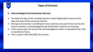 2. Acknowledged Connectionless Service:
⮚ The data link layer of the sending machine sends independent frames to the
data link layer of the receiving machine
⮚ No logical connection is set between host machines, but each frame sent by the
source machine is acknowledged by the destination machine on receiving
⮚ If the source does not receive the acknowledgment within a stipulated time, then
it resends the frame.
⮚ This is used in Wifi (IEEE 802.11) services.
Types of Services
 