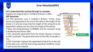 Error Detection(CRC)
Let's understand this concept through an example:
Suppose the original data is 11100 and divisor is 1001.
CRC Generator
⮚A CRC generator uses a modulo-2 division. Firstly, three
zeroes are appended at the end of the data as the length of the
divisor is 4 and we know that the length of the string 0s to be
appended is always one less than the length of the divisor.
⮚Now, the string becomes 11100000, and the resultant string
is divided by the divisor 1001.
⮚The remainder generated from the binary division is known
as CRC remainder. The generated value of the CRC remainder is
111.
⮚CRC remainder replaces the appended string of 0s at the end
of the data unit, and the final string would be 11100111 which
is sent across the network.
 
