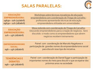SALAS PARALELAS:
    EDUCAÇÃO                Workshops sobre técnicas inovadoras de educação
EMPREENDEDORA:            empreendedora com coordenação de Thiago de Carvalho :
19h30 – 22h (27/abril)        professores apresentarão técnicas de educação
09h30 – 11h (28/abril)         empreendedora utilizadas em universidades

                           Mesa redonda com coordenação de Thiago de Carvalho:
    EDUCAÇÃO             Educando empreendedores para a criação de negócios. Será
EMPREENDEDORA:             discutido o modo como os empreendedores que abrem
 11h – 13h (28/abril)                  negócios recebem treinamento


EMPREENDEDORISMO               Painel com coordenação de Marcelo Nagakawa e
     SOCIAL:             participação de grandes nomes do empreendedorismo social
 09h – 13h (28/abril)                 para discutir esse tipo de iniciativa.



  TENDÊNCIAS E            Painel com coordenação de Daniel Egger e participação de
    DEBATES              importantes nomes do meio para discutir o que se esperar dos
 09h – 13h (28/abril)                   próximos anos na sociedade
                                                     .
 