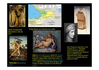 Jasão (à esquerda)        Antigo Reino da Cólquida em verde
segurando o velo de
ouro.




                                                                                Hera: Deusa do casamento, irmã
                                                                                e esposa de Zeus. Retratada
                                                                                como ciumenta e agressiva,
                                                                                odiava e perseguia as amantes de
                                                                                Zeus e os filhos de tais
                              Leda era rainha de Esparta, esposa de Tíndaro.    relacionamentos, tanto que tentou
                              Certa vez, Zeus transformou-se em um cisne e      matar Hércules quando este era
                              seduziu-a. Dessa união, Leda chocou dois ovos,    apenas um bebê.
                              e deles nasceram Clitemnestra, Helena, Castor e
                              Pólux. Helena e Pólux eram filhos de Zeus, mas
 "Hércules e a Hidra de       Tíndaro os adotou, tratando-os como filhos de
Lerna"                        sangue.
 