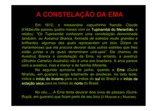 A CONSTELAÇÃO DA EMA
         Em 1612, o missionário capuchinho francês Claude
d’Abbeville passou quatro meses com os Tupinambá do Maranhão, e
                                                           Maranhão
relatou: “Os Tupinambá conhecem uma constelação denominada
Iandutim, ou Avestruz Branca, formada de estrelas muito grandes e
brilhantes, algumas das quais representam um bico. Dizem os
maranhenses que ela procura devorar duas outras estrelas que lhes
estão juntas e às quais denominam uirá-upiá”. Ele chamou de
Avestruz Branca a constelação da Ema, no entanto, a avestruz
(Struthio Camelus Australis) não é uma ave brasileira. A ema parece
com a avestruz, mas é menor e de família diferente.
         Na segunda quinzena de junho, quando a Ema (Guirá
Nhandu, em guarani) surge totalmente ao anoitecer, no lado leste,
indica o início do inverno para os índios do sul do Brasil e o início da
estação seca para os índios do norte do Brasil.

        No céu......A Ema tenta devorar dois ovos de pássaro (Guirá-
Rupiá, em guarani) que ficam perto de seu bico (δ Muscae e γ Muscae).
 