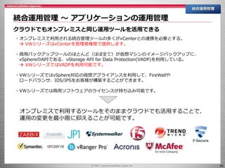 62
統合運用管理 ～ アプリケーションの運用管理
統合運用管理
クラウドでもオンプレミスと同じ運用ツールを活用できる
・オンプレミスで利用される統合管理ツールの多くがvCenterとの連携を必要とする。
 VWシリーズはvCenterを管理者権限で提供します。
・商用バックアップツールのほとんど（ほぼ全て）が仮想マシンのイメージバックアップに、
vSphereのAPIである、vStorage API for Data Protection(VADP)を利用している。
 VWシリーズではVADPを利用可能です。
・VWシリーズではvSphere対応の仮想アプライアンスを利用して、FireWallや
ロードバランサ、IDS/IPSをお客様が構築することができます。
・VWシリーズでは商用ソフトウェアのライセンスが持ち込み可能です。
オンプレミスで利用するツールをそのままクラウドでも活用することで、
運用の変更を最小限に抑えることが可能です。
 