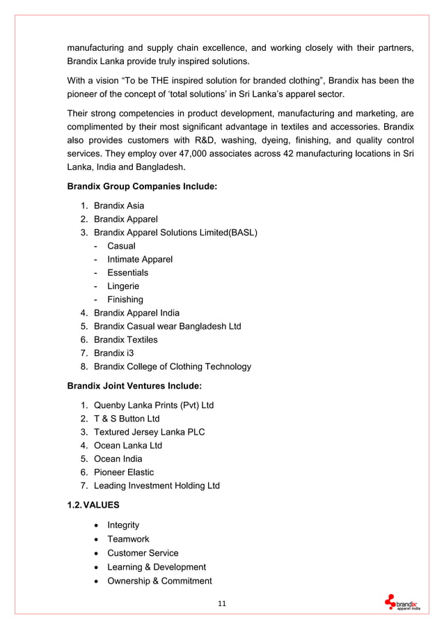 Brandix Apparel India Apparel Internship Report