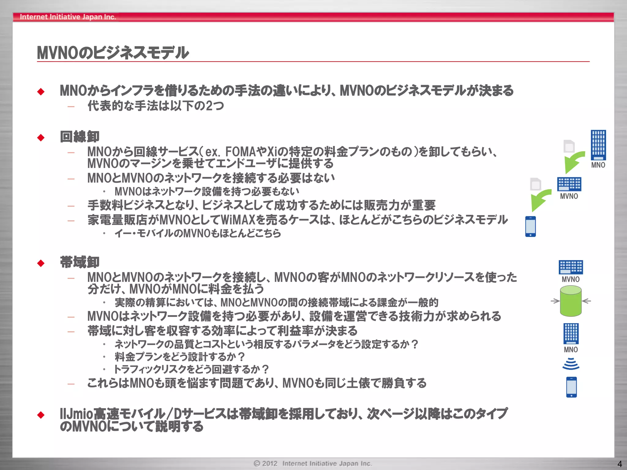 MVNOのビジネスモデル

   MNOからインフラを借りるための手法の違いにより、MVNOのビジネスモデルが決まる
    –   代表的な手法は以下の2つ

   回線卸
    –   MNOから回線サービス（ex. FOMAやXiの特定の料金プランのもの）を卸してもらい、
        MVNOのマージンを乗せてエンドユーザに提供する                               MNO

    –   MNOとMVNOのネットワークを接続する必要はない
         • MVNOはネットワーク設備を持つ必要もない                        MVNO
    –   手数料ビジネスとなり、ビジネスとして成功するためには販売力が重要
    –   家電量販店がMVNOとしてWiMAXを売るケースは、ほとんどがこちらのビジネスモデル
         • イー・モバイルのMVNOもほとんどこちら

   帯域卸
    –   MNOとMVNOのネットワークを接続し、MVNOの客がMNOのネットワークリソースを使った   MVNO
        分だけ、MVNOがMNOに料金を払う
         • 実際の精算においては、MNOとMVNOの間の接続帯域による課金が一般的
    –   MVNOはネットワーク設備を持つ必要があり、設備を運営できる技術力が求められる
    –   帯域に対し客を収容する効率によって利益率が決まる
         • ネットワークの品質とコストという相反するパラメータをどう設定するか？           MNO
         • 料金プランをどう設計するか？
         • トラフィックリスクをどう回避するか？
    –   これらはMNOも頭を悩ます問題であり、MVNOも同じ土俵で勝負する

   IIJmio高速モバイル/Dサービスは帯域卸を採用しており、次ページ以降はこのタイプ
    のMVNOについて説明する

                                                                     4
 