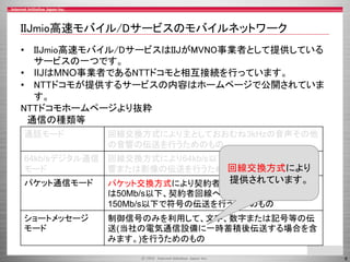 IIJmio高速モバイル/Dサービスのモバイルネットワーク
• IIJmio高速モバイル/DサービスはIIJがMVNO事業者として提供している
サービスの一つです。
• IIJはMNO事業者であるNTTドコモと相互接続を行っています。
• NTTドコモが提供するサービスの内容はホームページで公開されていま
す。
NTTドコモホームページより抜粋
通信の種類等
通話モード

回線交換方式により主としておおむね3kHzの音声その他
の音響の伝送を行うためのもの

64kb/sデジタル通信 回線交換方式により64kb/s以下で符号、音声その他の音
回線交換方式により
モード
響または影像の伝送を行うためのもの
パケット通信モード

提供されています。
パケット交換方式により契約者回線からの通信において
は50Mb/s以下、契約者回線への通信においては
150Mb/s以下で符号の伝送を行うためのもの

ショートメッセージ
モード

制御信号のみを利用して、文字、数字または記号等の伝
送(当社の電気通信設備に一時蓄積後伝送する場合を含
みます。)を行うためのもの
6

 