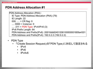 PDN Address Allocation #1
PDN Address Allocation (PAA) :
IE Type: PDN Address Allocation (PAA) (79)
IE Length: 22
000. .... = CR flag: 0
.... 0000 = Instance: 0
.... .011 = PDN Type: IPv4/IPv6 (3)
IPv6 Prefix Length: 64
PDN Address and Prefix(IPv6): 20010db82401206100000001809a4301
PDN Address and Prefix(IPv4): 192.0.2.2 (192.0.2.2)

• PDN Type
• 「Create Session Request」の「PDN Type」に対応して設定される
• IPv4
• IPv6
• IPv4v6

16

 