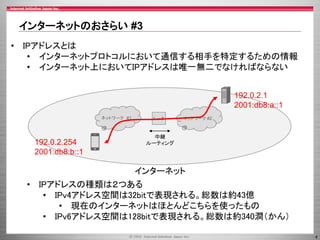 インターネットのおさらい #3
• IPアドレスとは
• インターネットプロトコルにおいて通信する相手を特定するための情報
• インターネット上においてIPアドレスは唯一無二でなければならない
192.0.2.1
2001:db8:a::1
ネットワーク #1

192.0.2.254
2001:db8:b::1

ルータ

ネットワーク #2

中継
ルーティング

インターネット
• IPアドレスの種類は２つある
• IPv4アドレス空間は32bitで表現される。総数は約43億
• 現在のインターネットはほとんどこちらを使ったもの
• IPv6アドレス空間は128bitで表現される。総数は約340澗（かん）
4

 