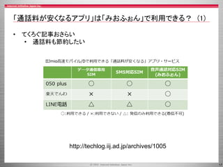 17
「通話料が安くなるアプリ」は「みおふぉん」で利用できる？ (1)
• てくろぐ記事おさらい
• 通話料も節約したい
http://techlog.iij.ad.jp/archives/1005
 