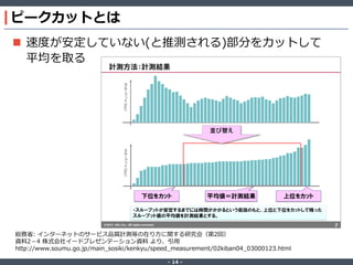 ‐ 14 ‐
ピークカットとは
 速度が安定していない(と推測される)部分をカットして
平均を取る
総務省: インターネットのサービス品質計測等の在り方に関する研究会（第2回）
資料2－4 株式会社イードプレゼンテーション資料 より、引用
http://www.soumu.go.jp/main_sosiki/kenkyu/speed_measurement/02kiban04_03000123.html
 