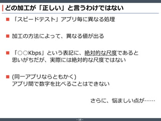 ‐ 15 ‐
どの加工が「正しい」と言うわけではない
 「スピードテスト」アプリ毎に異なる処理
 加工の方法によって、異なる値が出る
 「○○Kbps」という表記に、絶対的な尺度であると
思いがちだが、実際には絶対的な尺度ではない
 (同一アプリならともかく)
アプリ間で数字を比べることはできない
さらに、悩ましい点が……
 