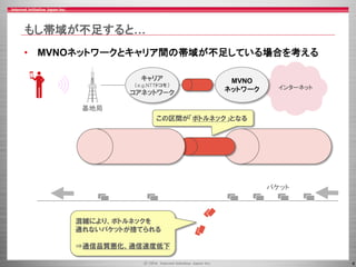 4
もし帯域が不足すると…
• MVNOネットワークとキャリア間の帯域が不足している場合を考える
この区間が「ボトルネック」となる
混雑により、ボトルネックを
通れないパケットが捨てられる
⇒通信品質悪化、通信速度低下
パケット
インターネット
基地局
MVNO
ネットワーク
キャリア
（e.g.NTTドコモ）
コアネットワーク
 