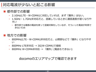 ‐ 18 ‐
対応電波が少ないと起こる影響
 都市部での影響
• 2.1GHz(LTE・W-CDMA)に対応していれば、まず「圏外」はない。
• 1.5GHz・1.7GHz非対応だと、混雑しているときに通信速度が遅くなりや
すい
• 都市部では複数の電波を使って混雑対策をしているが、そういった電波が利用で
きないため
 地方での影響
• 800MHz(LTE・W-CDMA)非対応だと、山間部などで「圏外」になりやす
い
• 800MHz LTE非対応 → 3G(W-CDMA)で接続
• 800MHz W-CDMA非対応 → 「圏外」(電話もできない)
docomoのエリアマップで確認できます
 